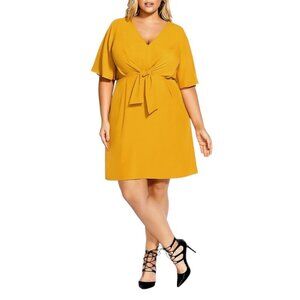 City Chic Mustard Gold Tie Knot Front Flutter Sleeves Dress
